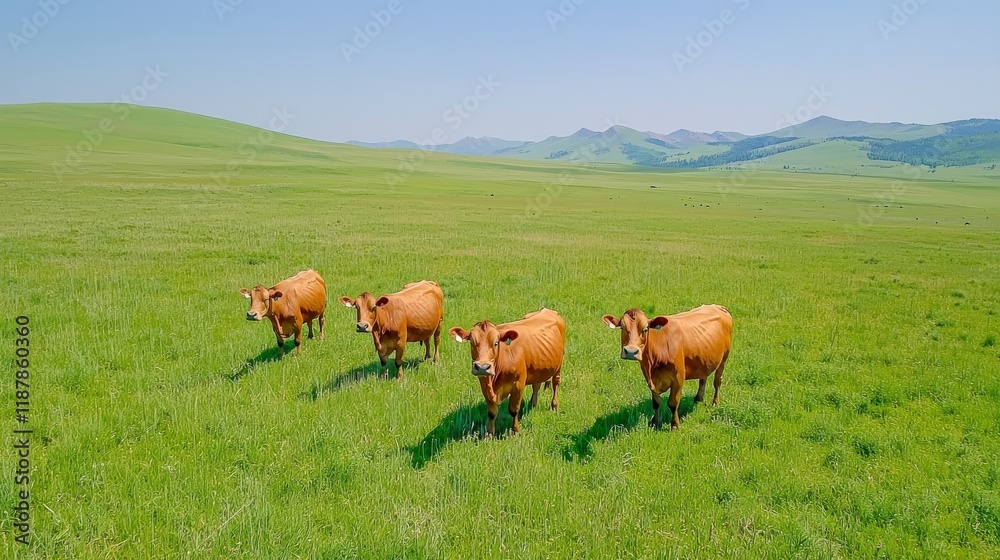Four Brown Cows Walking on Green Grass Under Clear Blue Sky in Beautiful Rural Landscape Four Brown Cows Walking on Green Grass Under Clear Blue Sky in Beautiful Rural Landscape