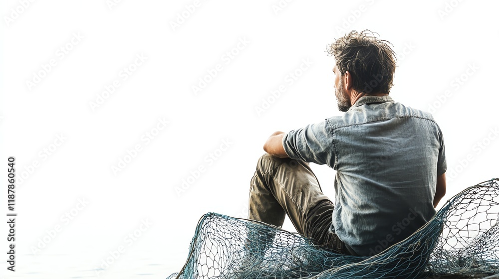 Contemplative man sitting by the water, looking into the distance, isolated background. Contemplative man sitting by the water, looking into the distance, isolated background.