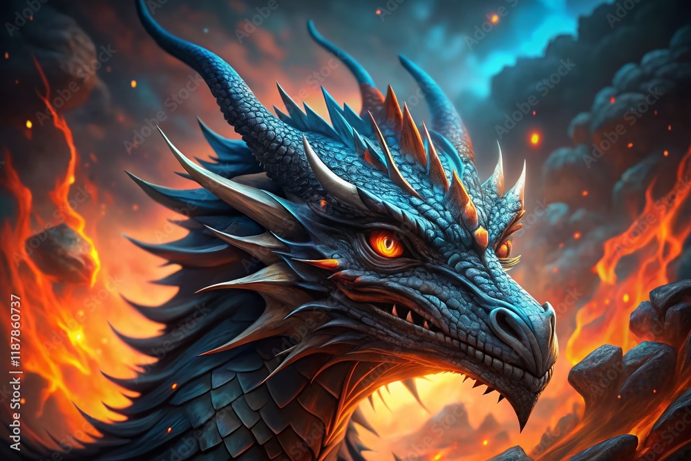 Majestic Dark Dragon Close-Up: Fiery Background, Blue Eyes, Scales, Horns - Stock Photo Majestic Dark Dragon Close-Up: Fiery Background, Blue Eyes, Scales, Horns - Stock Photo