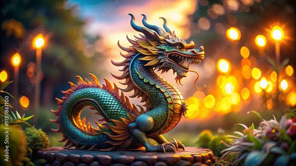 Majestic Dragon Statue with Bokeh Background - Asian Mythology Art
