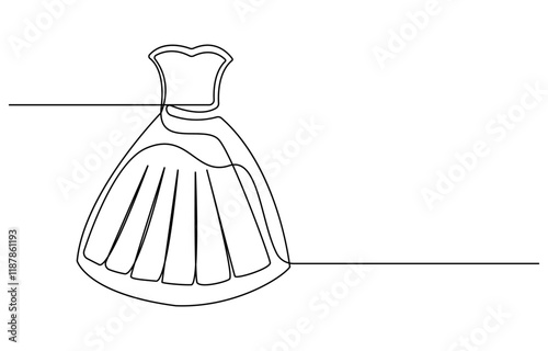 Fashion clothes symbol for bridal shop, Wedding dress in one continuous line drawing vector illustration