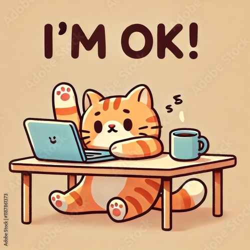A cute cartoon illustration of a relaxed orange cat sitting at a desk with a laptop and coffee, accompanied by the phrase 