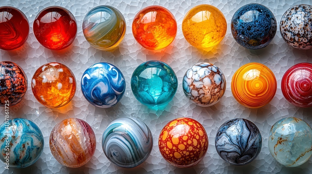 Colorful glass marbles arranged in rows on a textured surface. Colorful glass marbles arranged in rows on a textured surface.