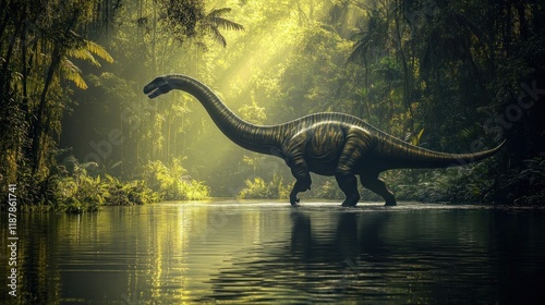 A large dinosaur wading through a tranquil jungle river at dawn.
