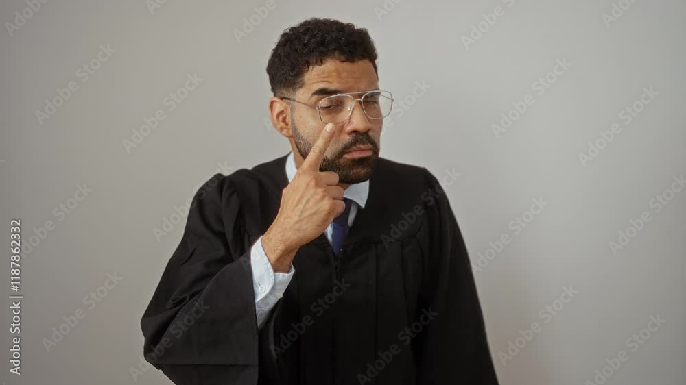 Judge in gown - young hispanic man standing with suspicious watching gesture, pointing to eye expression © isolated white background Judge in gown - young hispanic man standing with suspicious watching gesture, pointing to eye expression © isolated white background