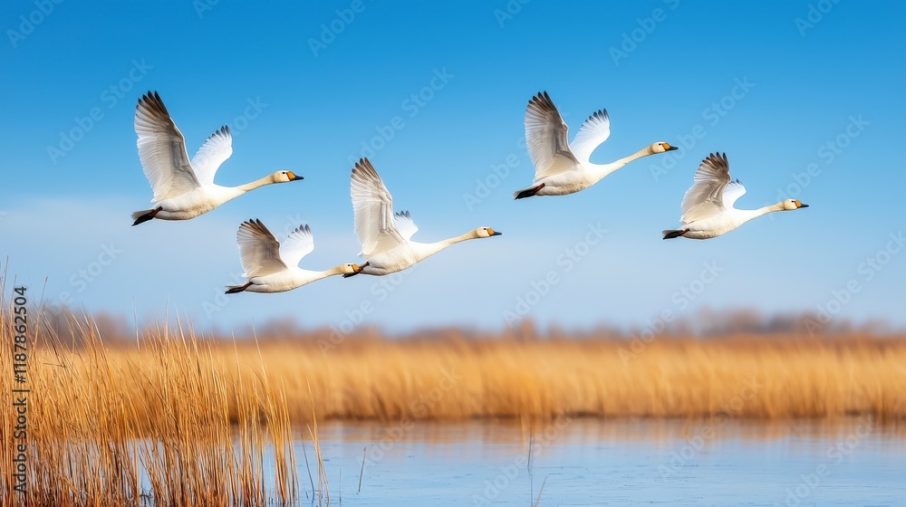 Majestic swans flying gracefully over a serene wetland landscape on a clear blue sky day Majestic swans flying gracefully over a serene wetland landscape on a clear blue sky day