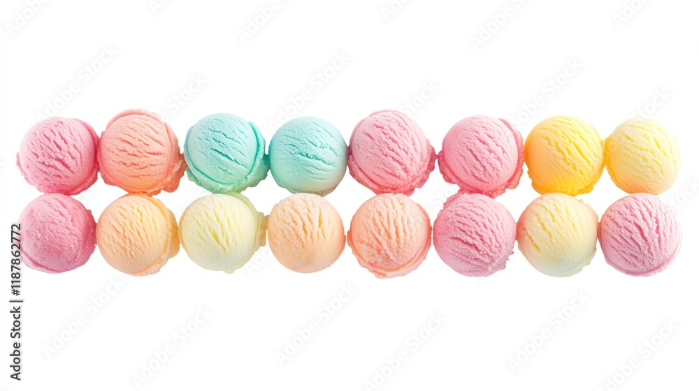 Colorful ice cream scoops arranged in a row on a white background. Colorful ice cream scoops arranged in a row on a white background.