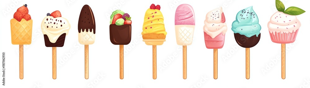 Colorful ice cream pops on sticks, isolated on white background. Colorful ice cream pops on sticks, isolated on white background.