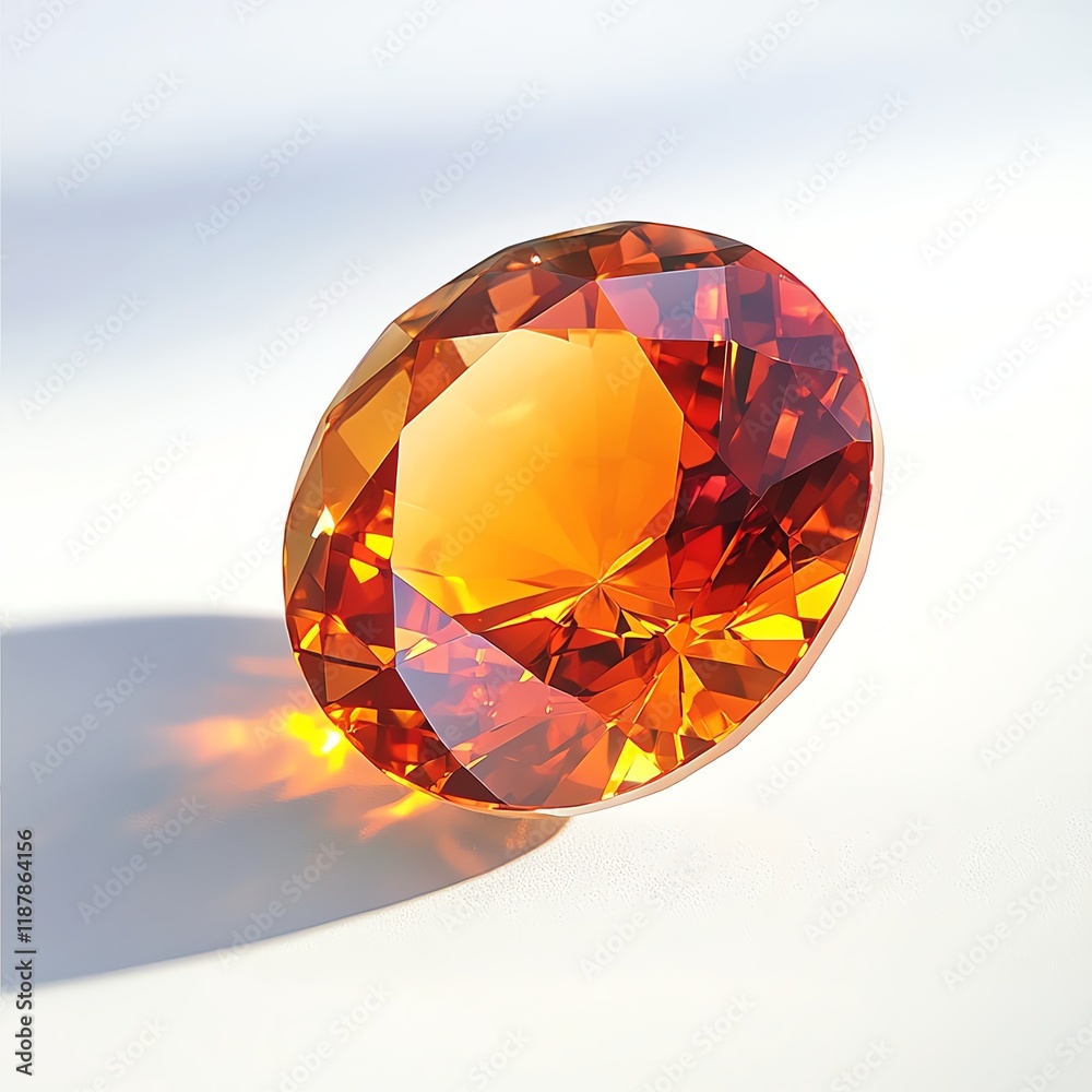 Faceted orange gemstone on a light background, showcasing brilliance and clarity.