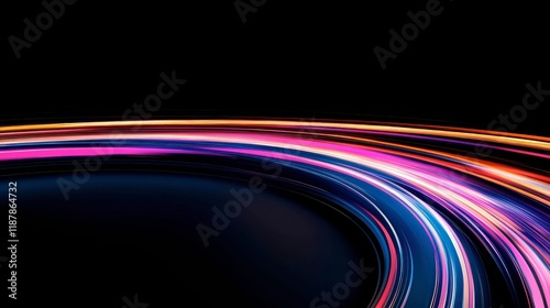 Vibrant, colorful curves of light dance across a deep black background, creating a mesmerizing interplay of glowing lines that exude energy and fluidity