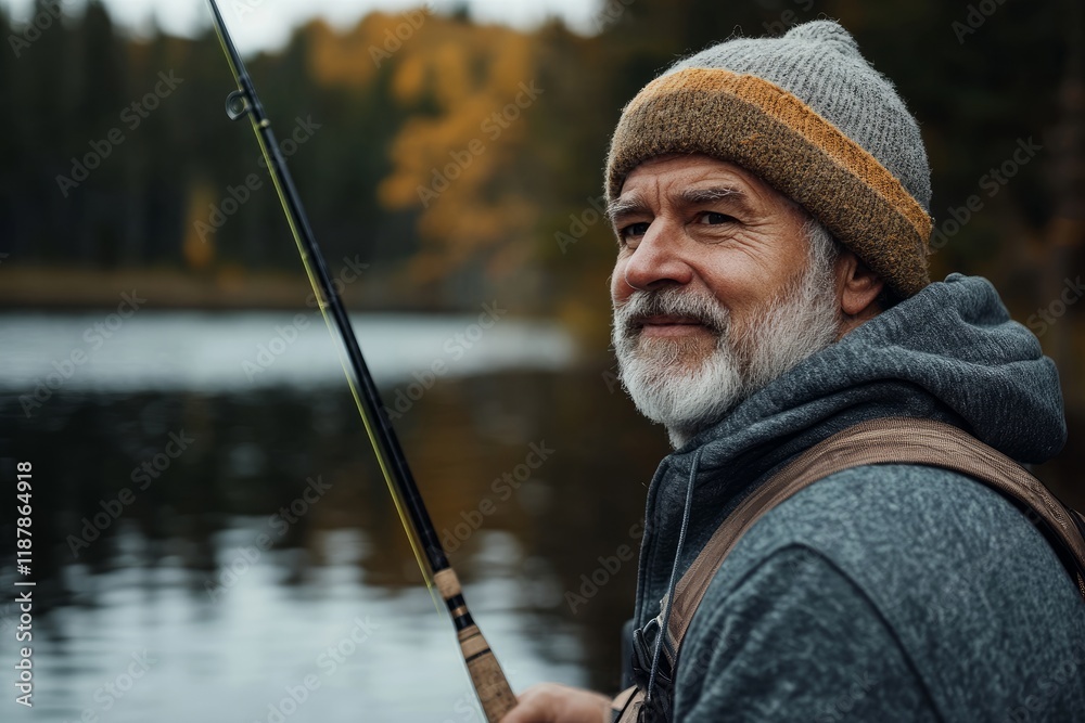 Man with a fishing rod, half-body shot, standing on a lakeshore, close-up on his face with a satisfied expression, calm waters and nature surrounding him, peaceful holiday moment Man with a fishing rod, half-body shot, standing on a lakeshore, close-up on his face with a satisfied expression, calm waters and nature surrounding him, peaceful holiday moment