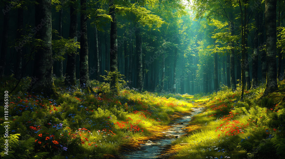 Fototapeta premium Sunlight filters through the dense canopy, illuminating a trail lined with colorful blossom of wildflowers.