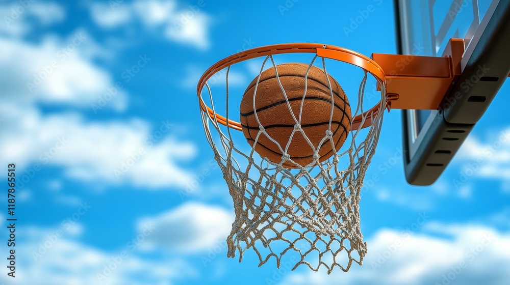 A basketball in a net on a blue sky background The ball hit the ring Sports team game Conceptual victory success hitting the target sport A basketball in a net on a blue sky background The ball hit the ring Sports team game Conceptual victory success hitting the target sport