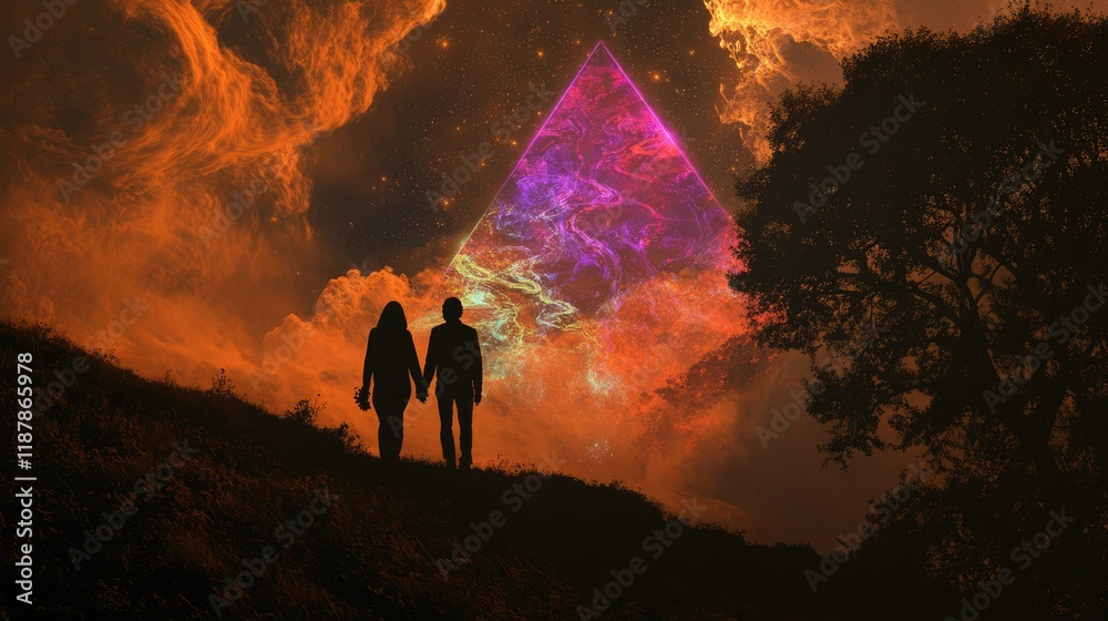 Fototapeta premium Long shot couple metaverse date