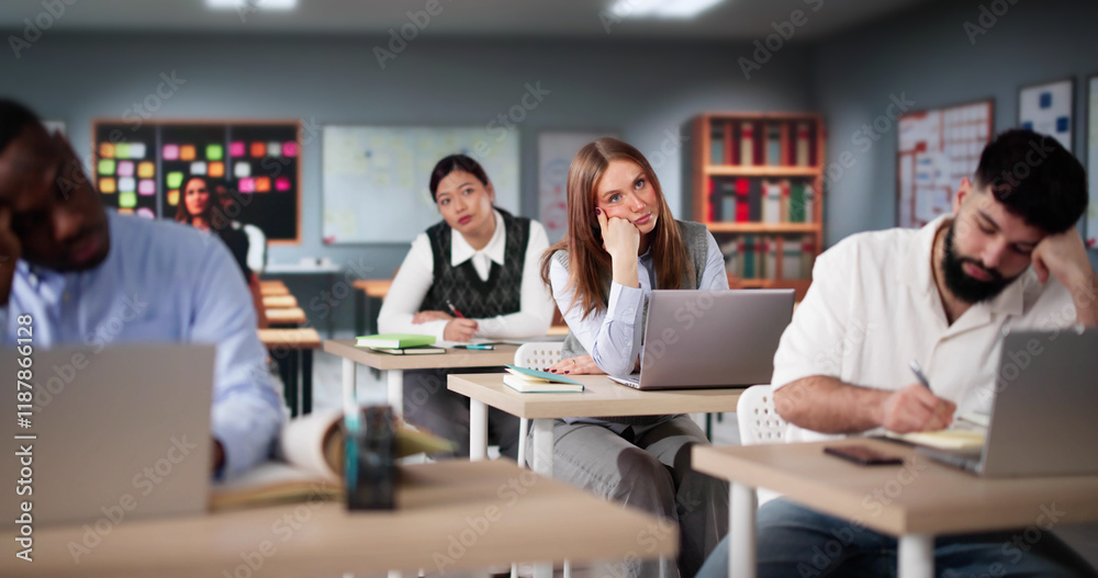 Fototapeta premium Sleepy Tired Student At Table At Class