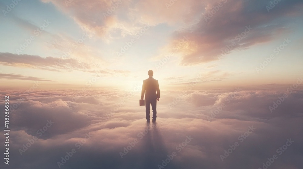 A silhouetted figure in a suit stands on clouds, symbolizing ambition and aspiration. A silhouetted figure in a suit stands on clouds, symbolizing ambition and aspiration.