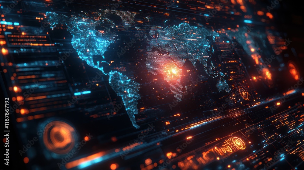 Obraz premium Futuristic digital world map with glowing elements.