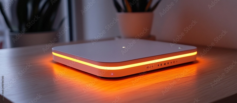 Illuminated Smart Home Device on Wooden Surface Illuminated Smart Home Device on Wooden Surface