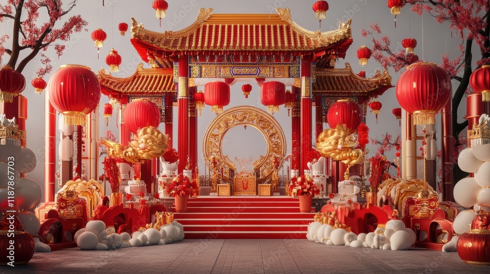 Festive Chinese New Year Temple Scene Decorated With Lanterns Festive Chinese New Year Temple Scene Decorated With Lanterns