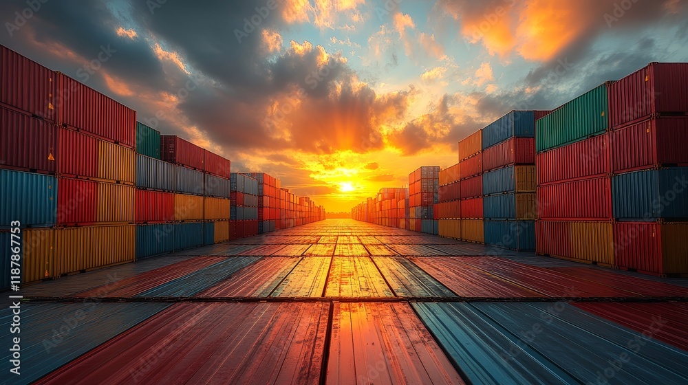 Fototapeta premium Vibrant sunset over shipping containers at industrial dockyard