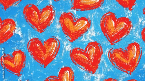 Red hearts creative pattern against bright blue background Love and passion inspired photo