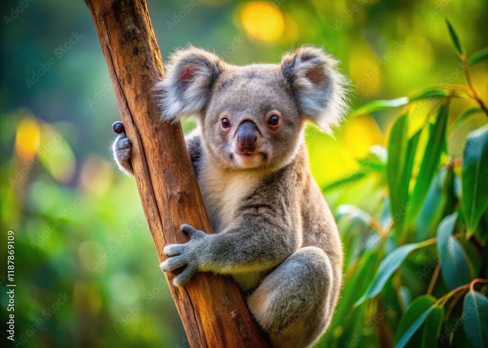 Fototapeta premium Koala Bear Hanging on Tree Branch, Wildlife Photography, Australian Fauna, Endangered Species, Eucalyptus Tree