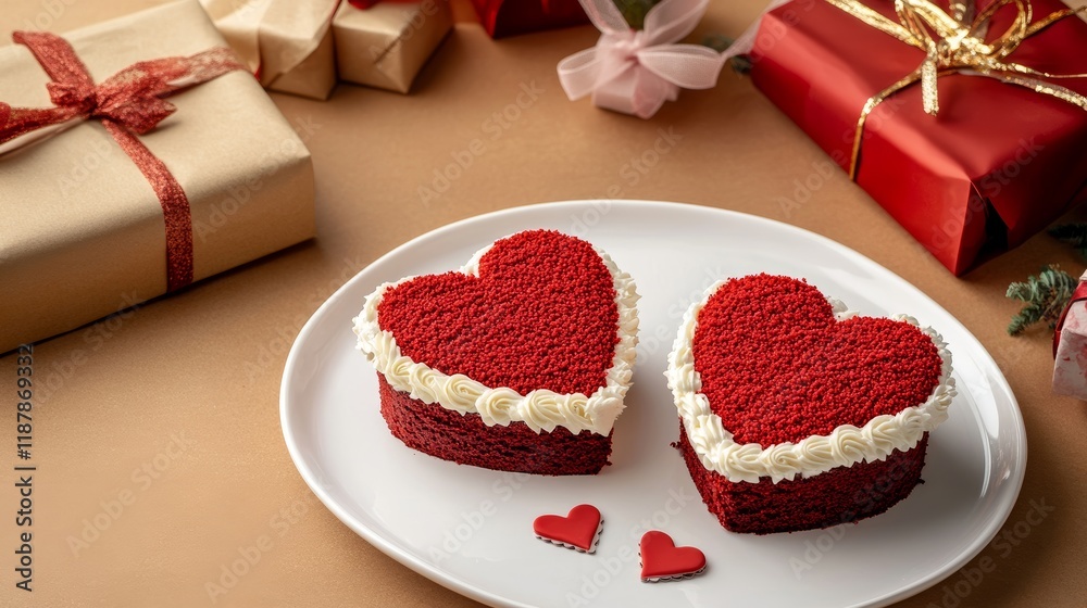 Two cakes Red velvet in the shape of hearts on white plate and gifts on brown background Cake for Valentines Day high angle Two cakes Red velvet in the shape of hearts on white plate and gifts on brown background Cake for Valentines Day high angle