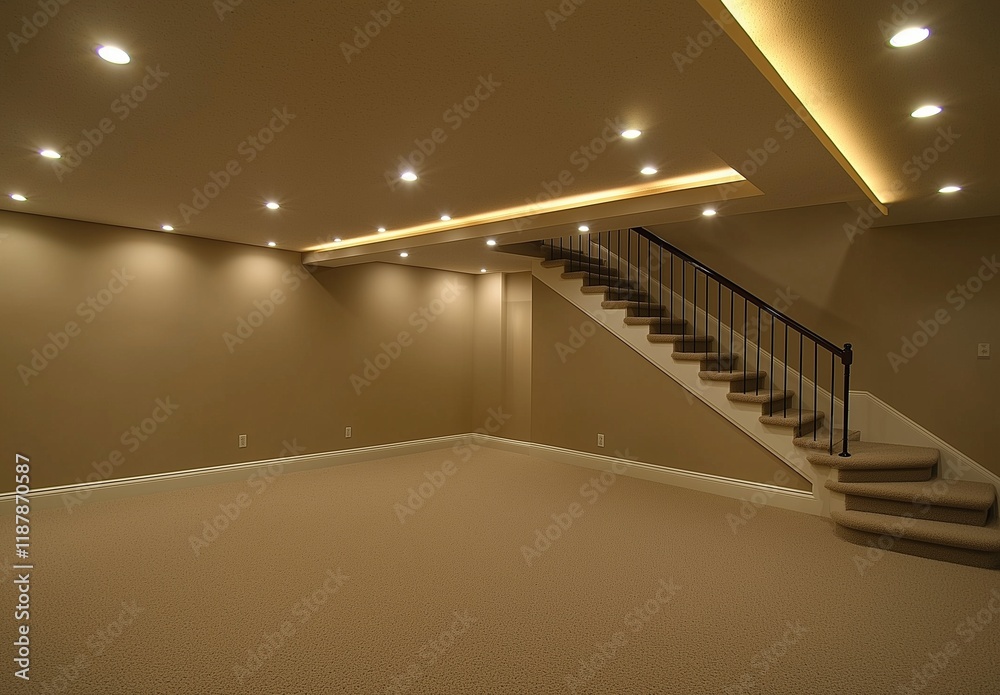 Empty basement room with carpet and staircase.
