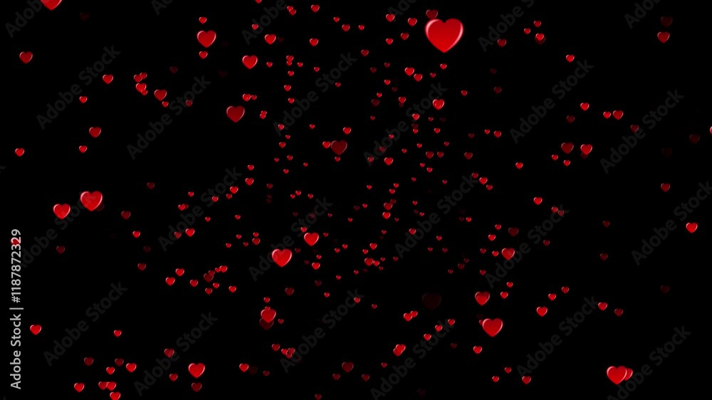 4k Seamless loop of floating red hearts animation on a black background