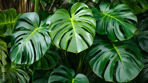 Lush Green Monstera Deliciosa Leaves Tropical Foliage