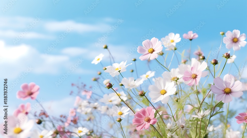 Delicate Cosmos Flowers Blooming Under a Summer Sky Delicate Cosmos Flowers Blooming Under a Summer Sky