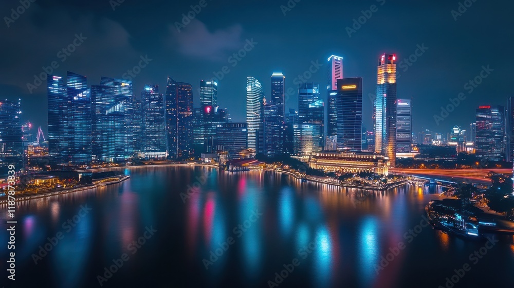 Fototapeta premium Night cityscape, skyscrapers reflecting in water.