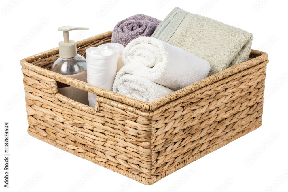 Wicker basket with bath items isolated with transparent background Wicker basket with bath items isolated with transparent background