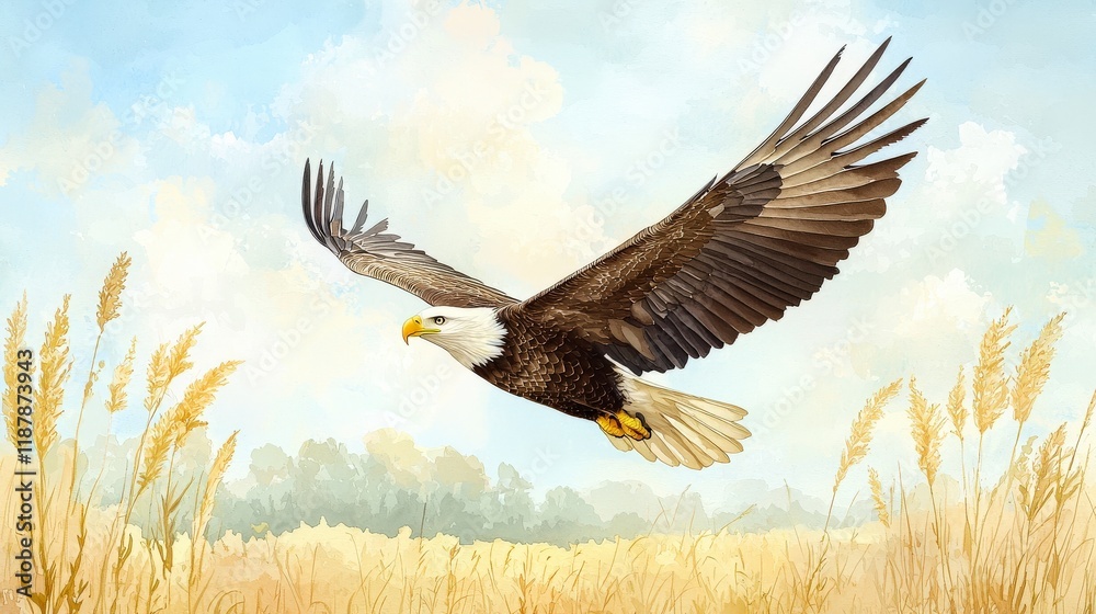 Naklejka premium Majestic Bald Eagle in Flight Over Golden Wheat Field Under Bright Blue Sky with Soft Clouds
