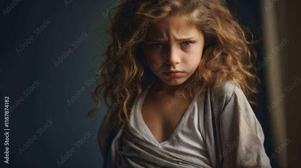 Close-up portrait of a 7-year-old girl clutching her stomach in pain, with soft shadows and a concerned look on her face. Close-up portrait of a 7-year-old girl clutching her stomach in pain, with soft shadows and a concerned look on her face.