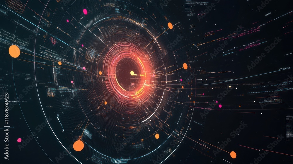 Fototapeta premium Abstract digital data vortex with glowing lines and particles.