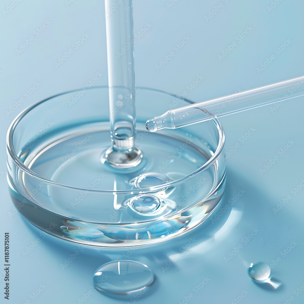 Petri dish with blue liquid and pipette on blue background.