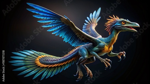 Microraptor Dinosaur Flying, Black Background, Rule of Thirds Composition - Stock Photo photo