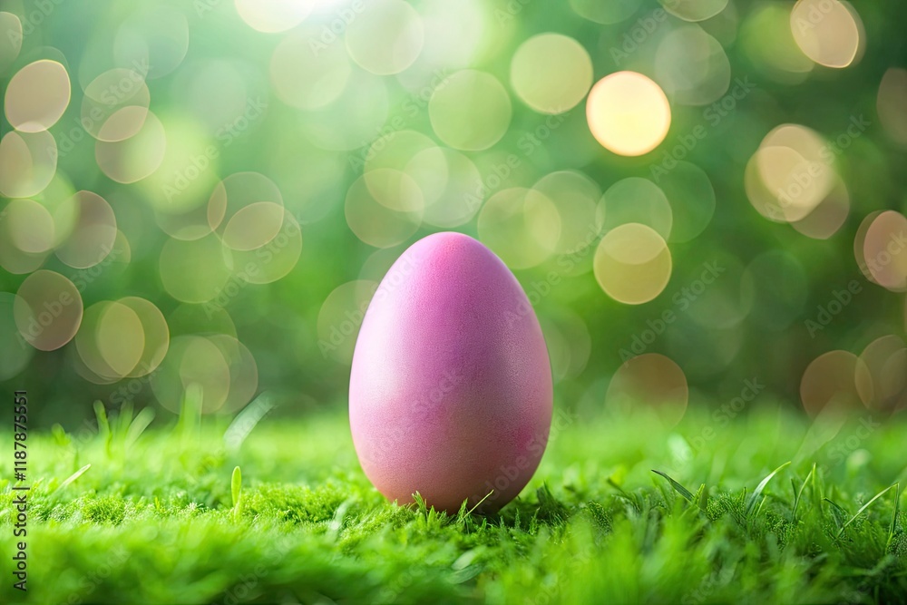 Fototapeta premium Minimalist Pink Easter Egg Green Bokeh Background - Spring Holiday Photography