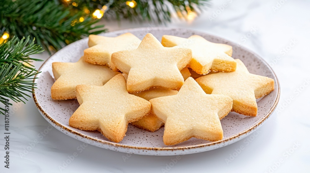 Delicious Star-Shaped Cookies on Plate with Festive Decorations and Holiday Ambiance Delicious Star-Shaped Cookies on Plate with Festive Decorations and Holiday Ambiance
