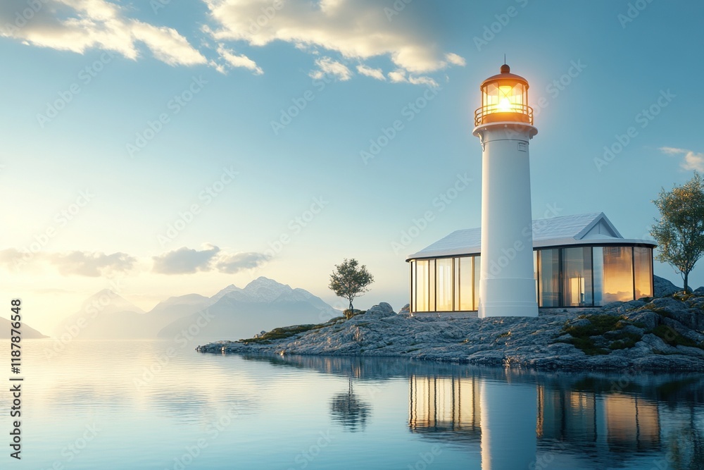 Lighthouse Illuminates Modern Coastal Home at Sunset, Serene Waters Reflecting Tranquil Scene, Picturesque Mountain View Lighthouse Illuminates Modern Coastal Home at Sunset, Serene Waters Reflecting Tranquil Scene, Picturesque Mountain View