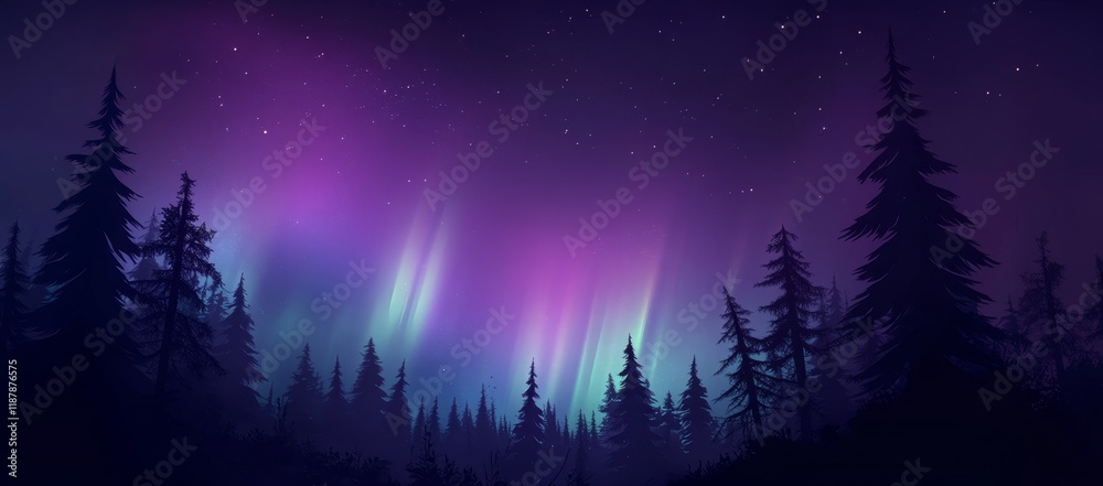 Fototapeta premium Stunning northern lights over pine forest silhouette at night