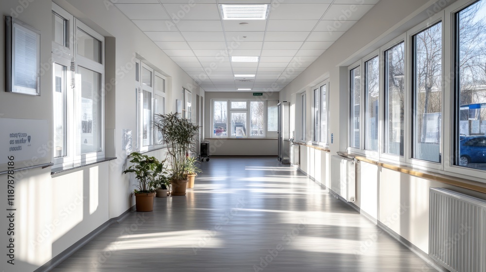 Bright and Airy Hospital Corridor: Sunlight Streams Through Large Windows, Illuminating a Clean and Modern Interior Bright and Airy Hospital Corridor: Sunlight Streams Through Large Windows, Illuminating a Clean and Modern Interior