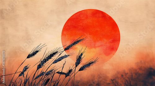 wheat field at sunset in water colour, version 4