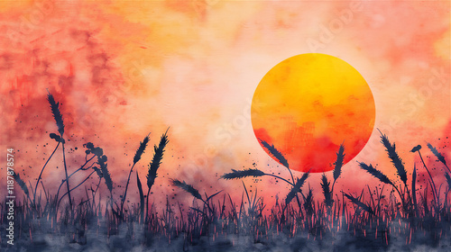 wheat field at sunset in water colour, version 3