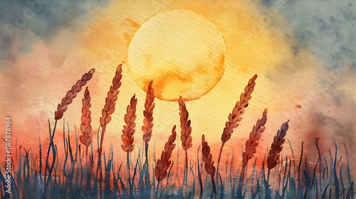 wheat field at sunset in water colour, version 2