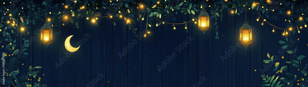 Fototapeta premium Enchanted Night: Glowing Lanterns, Crescent Moon, and Twinkling Lights Adorn Wooden Fence, Peaceful Nighttime Scene