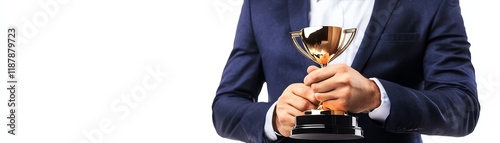 A person holding a golden trophy in a suit, white isolated background