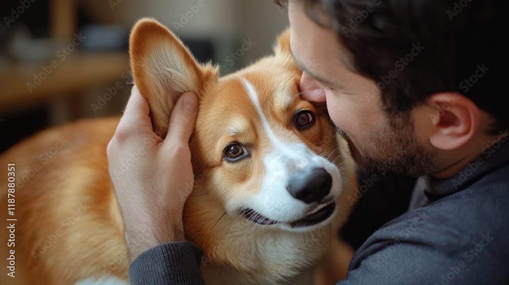 Cute dog put his face on his knees to the man and smiling from the hands scratching her ear Cute dog put his face on his knees to the man and smiling from the hands scratching her ear
