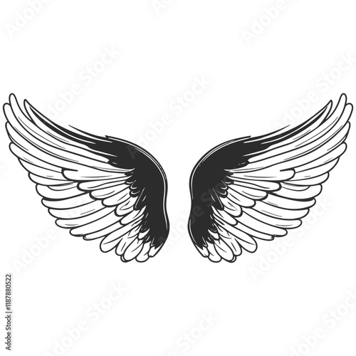 Elegant Angel Wings Clipart: Black and White Outline Design with Memorial and Spiritual Symbolism.